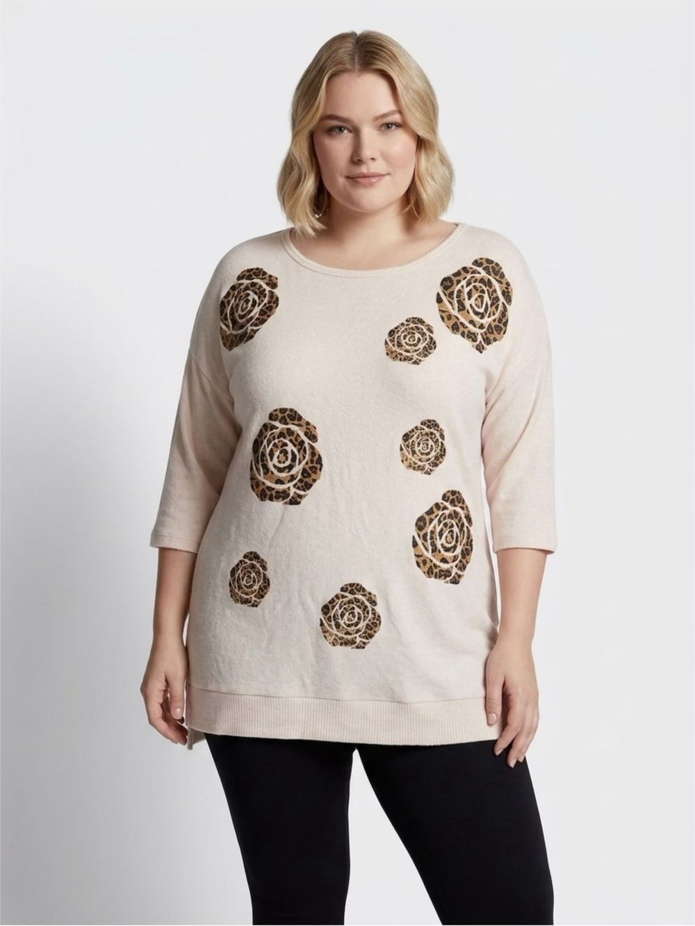 Kiss & Fly Cream Floral Leopard-Print Sweater Tunic